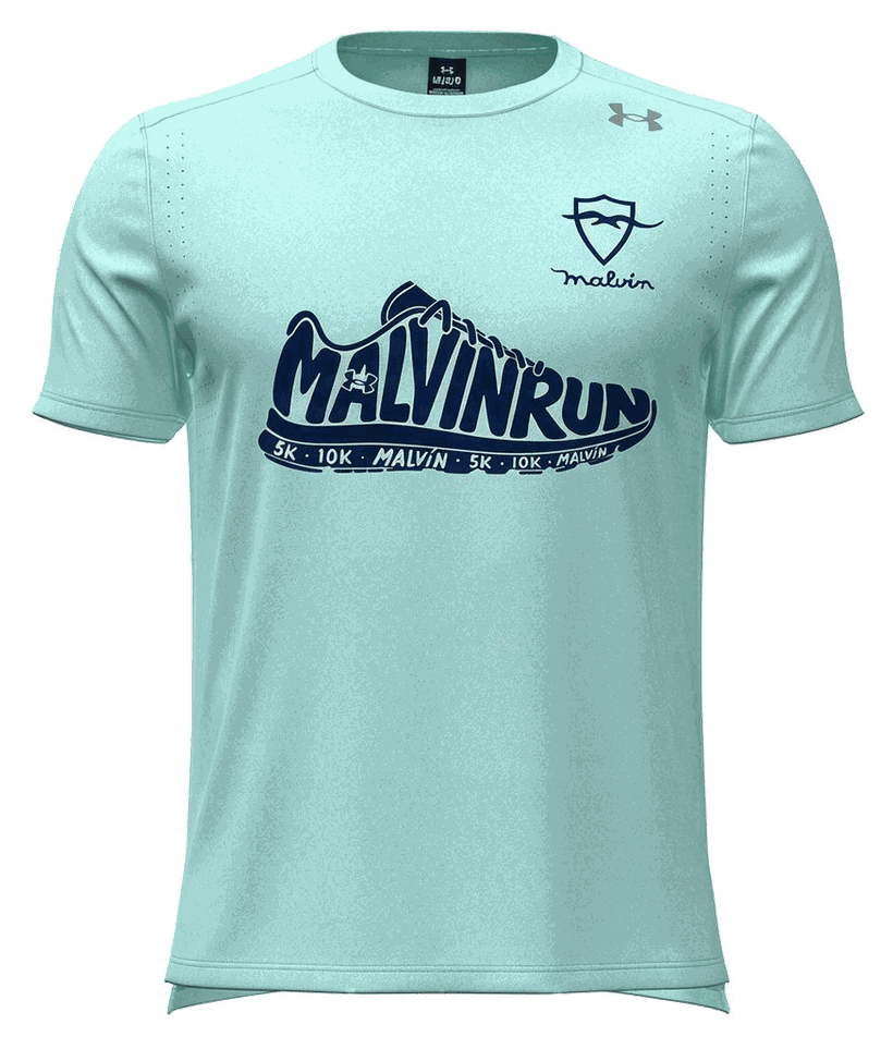 Camiseta oficial Malvín Run 2026: color menta, con el logo del champión MALVINRUN en navy, el escudo del Club Malvín y el logo de Under Armour
