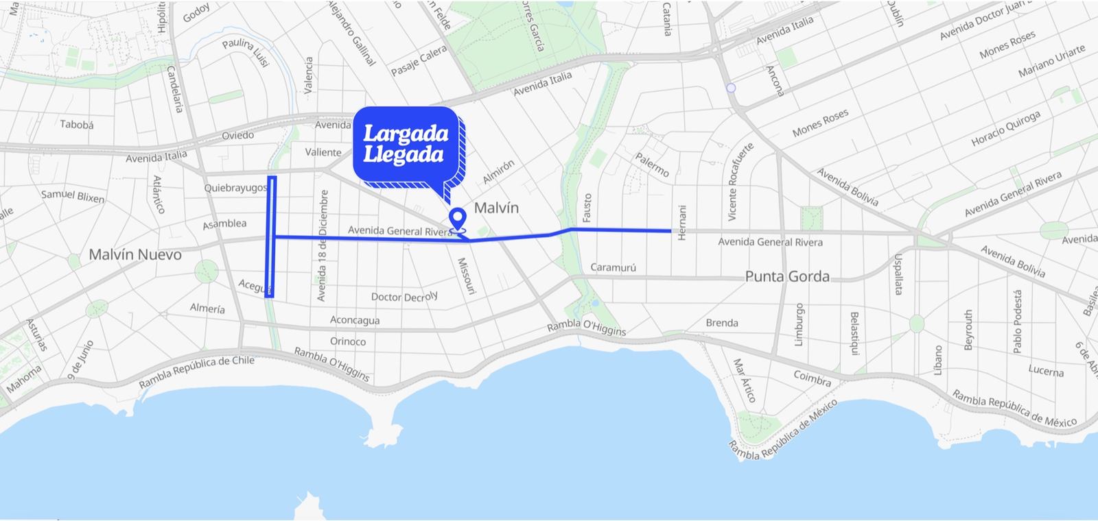 Mapa del circuito de Malvín Run: largada y llegada en el Club Malvín, sobre Avenida General Rivera, con el recorrido marcado entre Malvín Nuevo y Punta Gorda